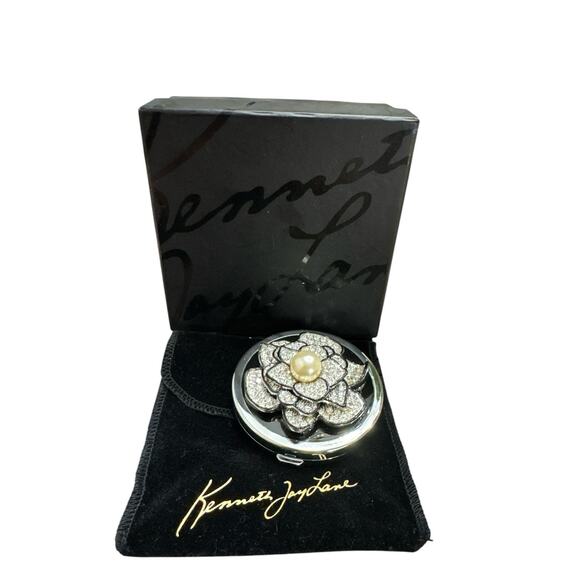 VINTAGE! KENNETH LANE CORAL BLACK AND CRYSTAL ROSE VANITY MIRROR COMPACT - Picture 3 of 4